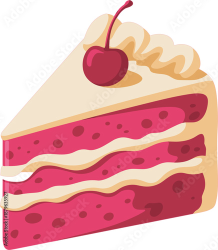 Delicious slice of cherry layer cake on white background