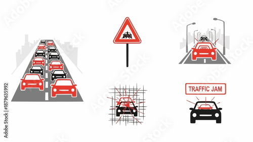 Traffic Jam and Road Sign Illustrations.