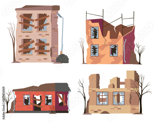Abandoned houses set. Destroyed buildings, collapsed walls and broken windows. Consequences of catastrophes on buildings of various types. Abandoned home in bad condition