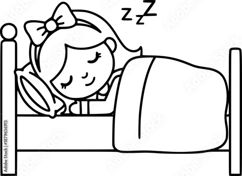 Cute cartoon girl sleeping peacefully in her bed with a bow in her hair
