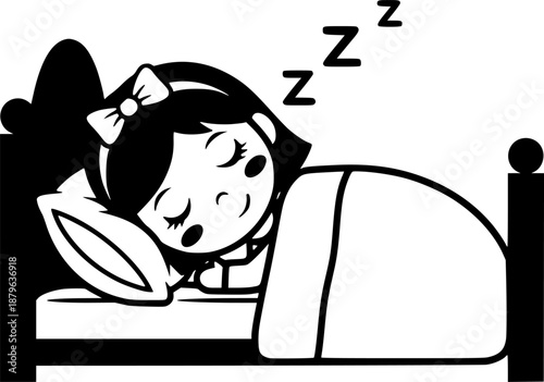 Cute cartoon girl sleeping peacefully in her bed with a bow in her hair
