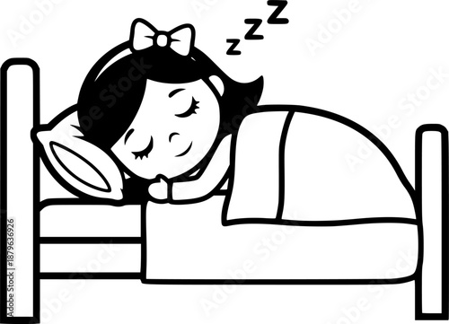 Cute cartoon girl sleeping peacefully in her bed with a bow in her hair
