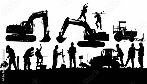 Silhouetted construction workers and machinery engaged in various tasks against a white background