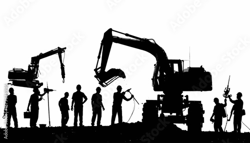 Silhouetted construction scene, featuring excavators, workers, and a clear sky background