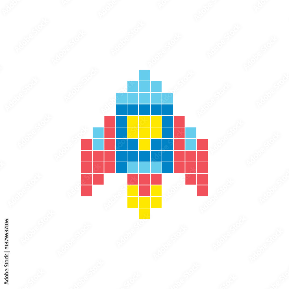 Fototapeta premium A flat pixel design made of geometric square color blocks on a clean icon layout. Pixel art rocket