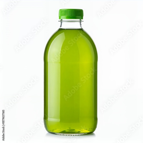 Bottle filled with vibrant green liquid on a clean white background showcasing refreshment