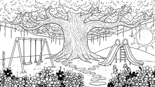 Whimsical cartoon drawing of a playground with a swing set and slide under a large tree
