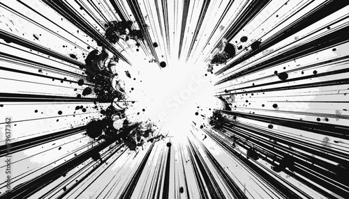 Abstract black and white burst with radial lines and splatters emanating from a central point