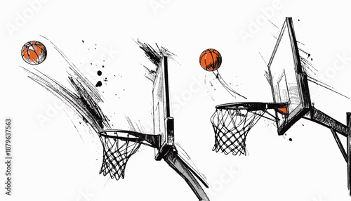 An action sketch in a white backdrop,  featuring basketball hoops and a ball in vibrant orange