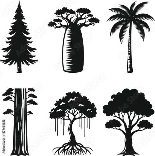 Six Distinct Tree Silhouettes Icon Set Black and White Vector Illustration