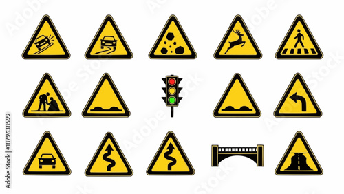 Collection of Road Safety Warning Signs and Traffic Signals.