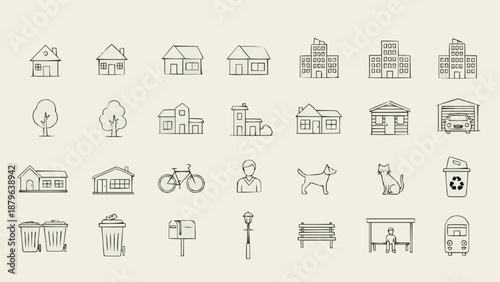 Collection of Simple Line Art Icons Representing Buildings and Urban Elements.