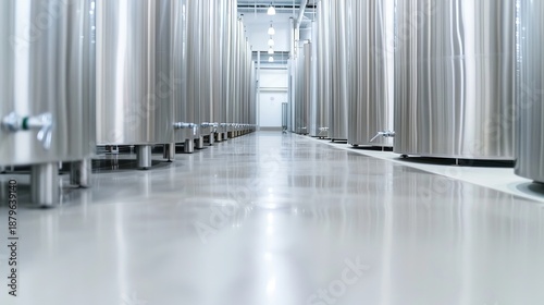 Dairy factory shows rows of stainless steel tanks along a clean floor in a production area with bright lighting and organized space