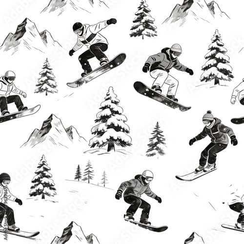 Snowboarding Fun: A dynamic illustration captures the thrill of snowboarding amidst snow-covered mountains and evergreen trees, showcasing the excitement of winter sports.