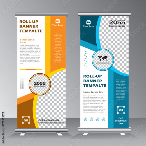 roll up banner design with blue and yellow colours, roll up banner template with geometric background, vertical banner template, vector eps 10
