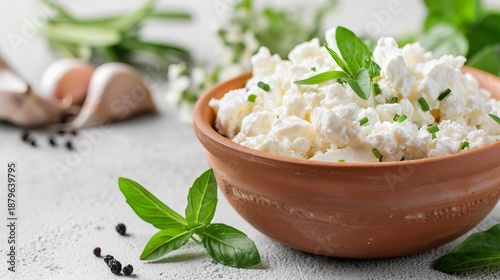 Cottage cheese sits in a clay bowl surrounded by fresh herbs and ingredients on a wooden table in a home kitchen