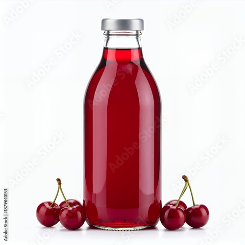 Elegant bottle of cherry juice surrounded by fresh cherries against a white background