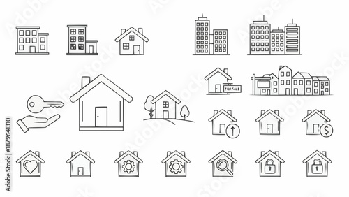 Collection of hand drawn house and building icons for real estate.