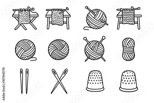 Ball icons needles line icon vector tools doodle thimble table knitting outline