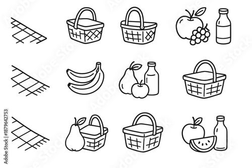 Minimal blanket juice outline icons basket corner bottle vector fruit icon picnic
