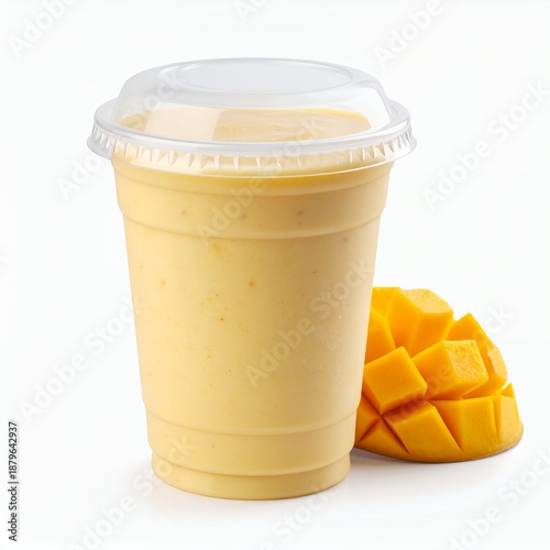 Refreshing mango smoothie in a clear plastic cup with white background aesthetic