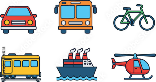 Transportation Vehicle Icons Set with Car Bus Train Ship and Helicopter Flat Vector