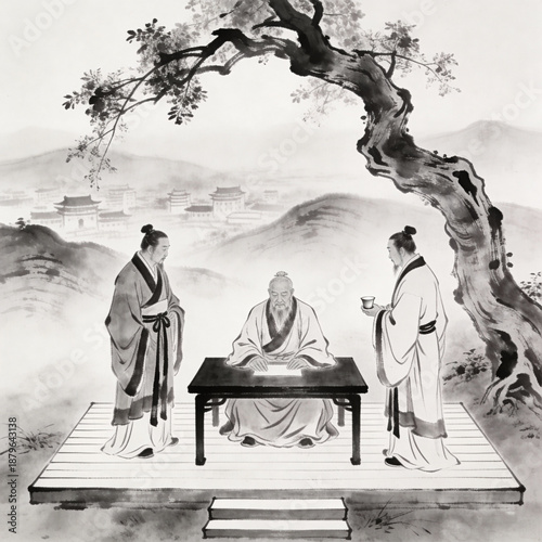 Ancient Chinese Scholars: An ink painting depicts wise scholars, gathering under a sprawling tree, engaged in deep thought and scholarly pursuits.