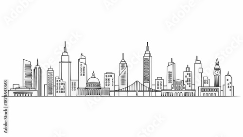 Modern City Skyline Sketch Drawing Buildings Architecture.