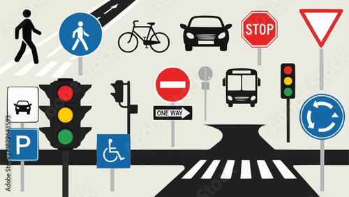 Collection of Road Traffic Signs and Symbols for Safety and Navigation.