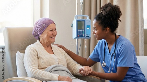 Caring nurse comforting smiling senior cancer patient in hospital