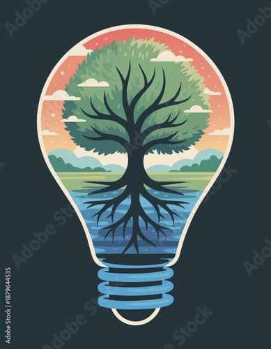 Tree and roots inside light bulb eco idea concept vector