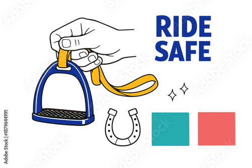 Hand holding horse stirrup with ride safe message in vibrant colors