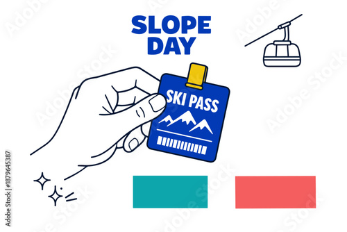Hand holding ski pass for slope day adventure with gondola icon
