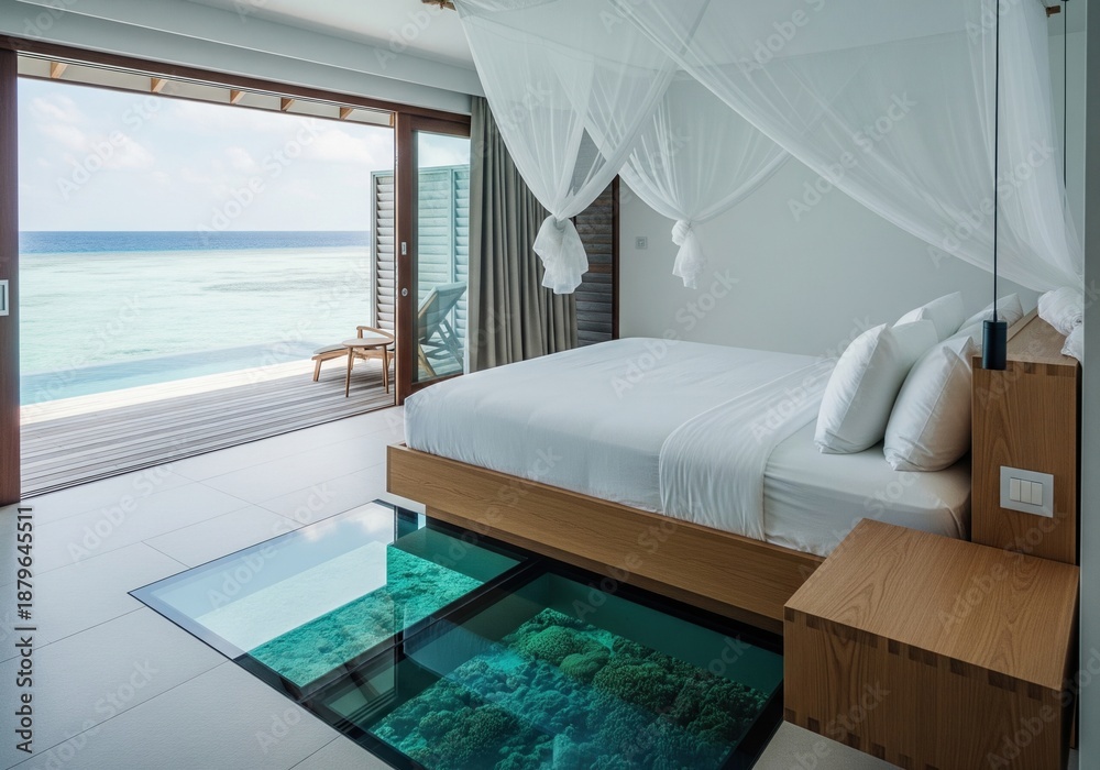 Obraz premium Luxury water villa bedroom interior with glass floor viewing coral reef and sea horizon
