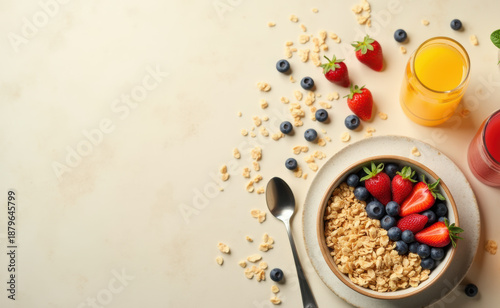 Fresh Healthy Breakfast With Fruit Bowl, Yogurt And Granola Top View.