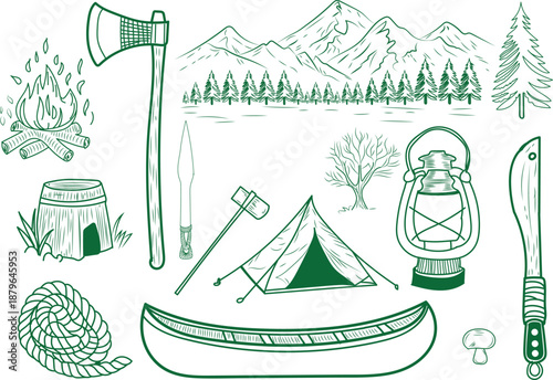 Essential collection of hand drawn camping and wilderness survival gear illustrations perfect for outdoor adventure themes