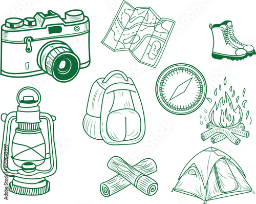Set of essential green outline icons illustrating various equipment necessary for an outdoor camping and adventure trip