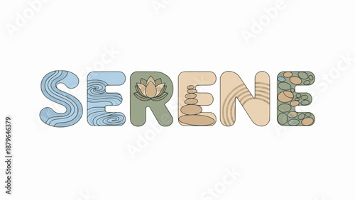 Zen stones and lotus forming SERENE word calmly