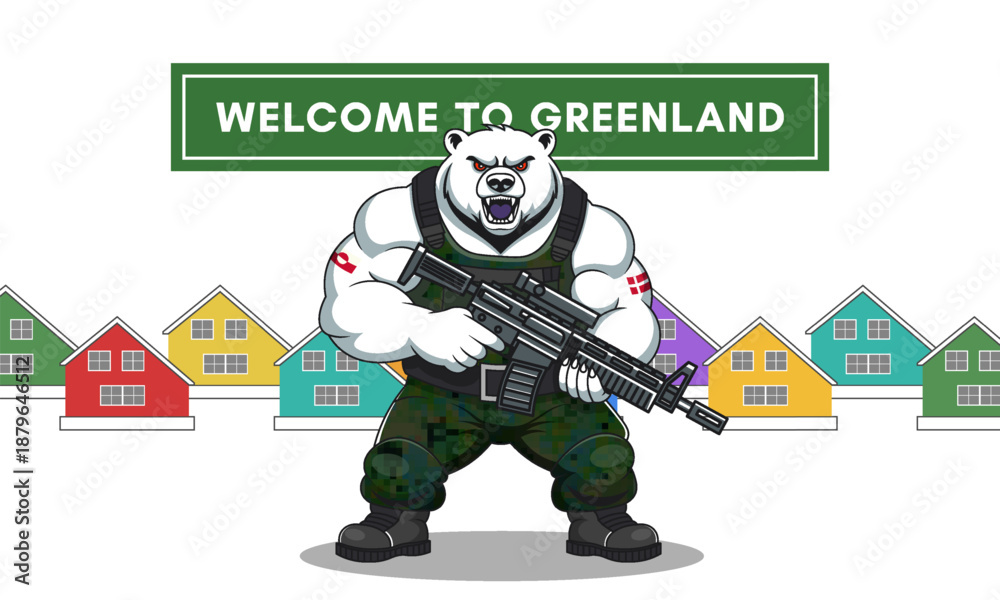 Fototapeta premium Vector illustration of angry powerful huge muscular polar bear in pixelated military uniform with automatic rifle. Welcome to Greenland. Colorful traditional northern houses. Wild armed animal