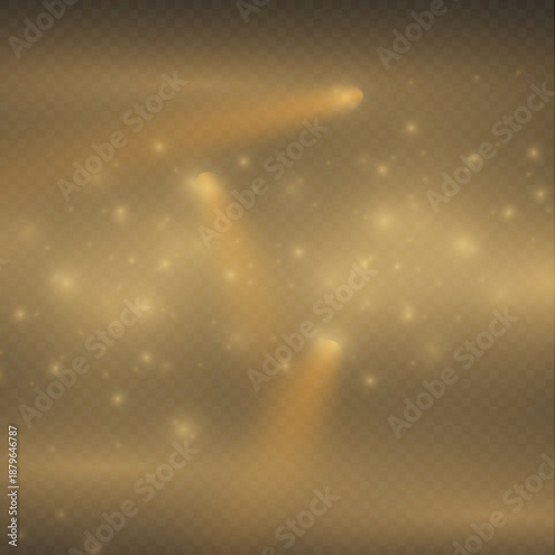 Set of golden spotlights in fog on a transparent background. Glowing light effect with golden rays and beams with a smoke effect. Stage spotlight, theatrical stage lighting.