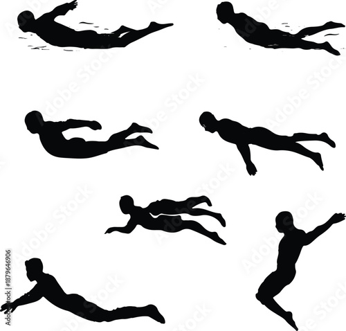 A collection of black silhouettes depicting individuals swimming various strokes and floating on water