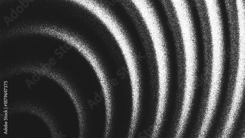 Grainy black and white background with concentric circular waves, glowing highlights and spiral ripples created from thousands of individual dots. Glares create an illusion of depth and optical motion