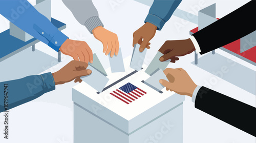 Diverse group of voters hands casting ballots into white voting box with USA flag, illustrating democracy and civic duty during American elections, isometric view of political participation.