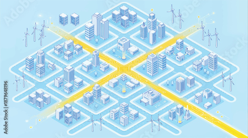 Isometric smart city illustration featuring renewable wind energy turbines, modern skyscrapers, and glowing digital network grid connections for future urban technology concepts.