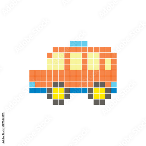 A flat pixel design made of geometric square color blocks on a clean icon layout. Pixel art minibus