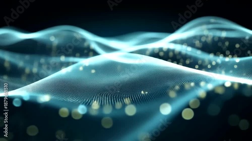 Abstract digital waves of light blue dots and glowing particles on a dark background