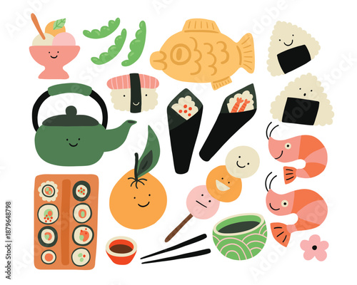Japanese food set. Japan cousine with happy smiles. Kawaii asian meal, doodle style illustration. Dango, shrimp, yuzu fruit, edamame beans, taiyaki fish, temaki, onigiri, nigiri, teapot, ice cream.