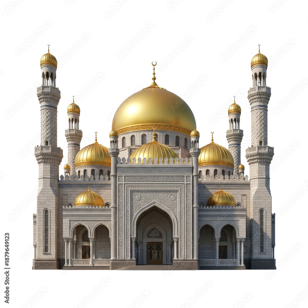 Fototapeta premium golden domed mosque with ornate minarets, islamic architecture
