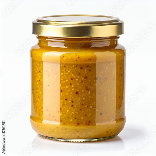 Glass jar containing grainy golden yellow condiment against a stark white background
