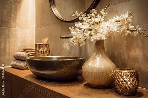 Quiet Ritual.  Generated Image.  A serene, spa-inspired bathroom scene with soft candlelight, ceramic textures, and white blossoms evokes calm, warmth, and mindful stillness. 